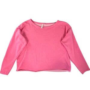 Pink Cropped Raw Hem Sweatshirt Long Sleeve Crewneck Women 80s Flashdance